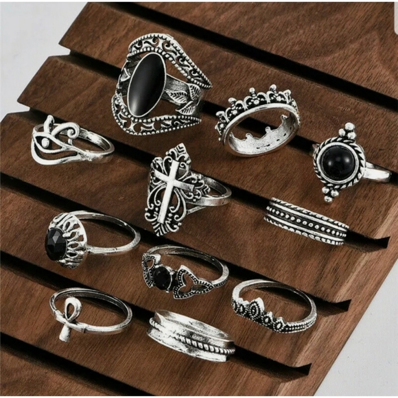 11 piece silver metal stackable midi boho knuckle Ankh & Eye of Horus ring set - Picture 2 of 3